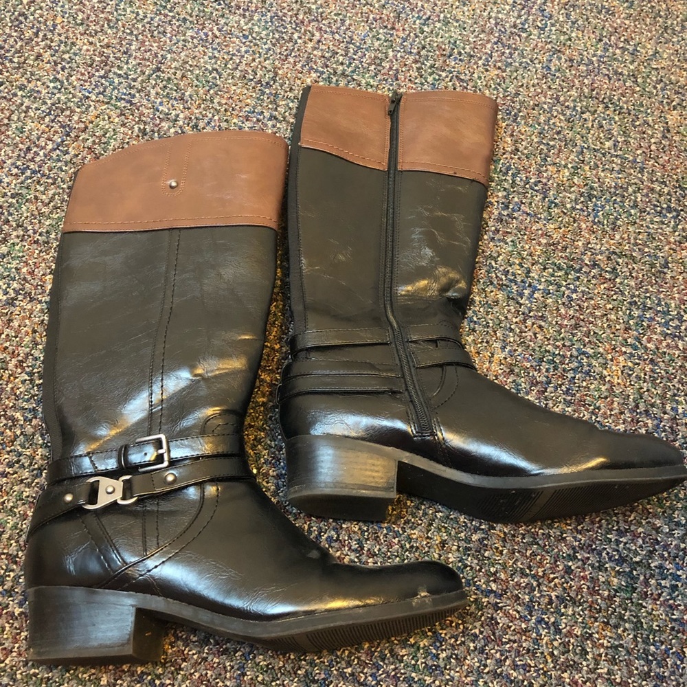 Black and Brown faux leather knee boots with short heel